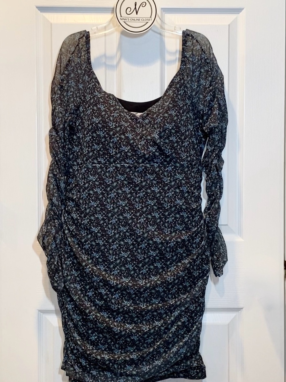 HOLLISTER Women’s Floral Long-Sleeve Ruched Dress Black/Blue Size L